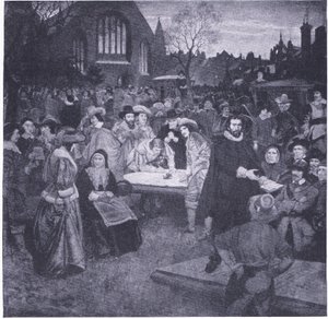 Underskrivelse af den nationale pagt i Greyfriars Churchyard 1638, fra Cassells History of the British People udgivet af Waverley Book Company Limited, ca. 1940 af William Brassey Hole
