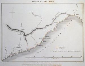 Kort over pas på de maritime alper, kystvejen mellem Genova og Nice, fra Illustrationer af de pas i Alperne, hvormed Italien kommunikerer med Frankrig, Schweiz og Tyskland, af William Brockedon (1787-1854), gravering på kobber, London