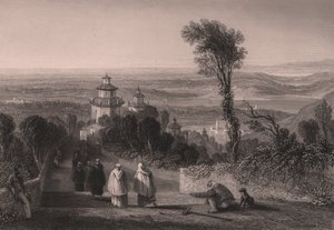 Näkymä Sacro Montesta (Pyhä vuori) Varesessa, Lombardiassa, Italiassa, T Willmoren teräskaiverrus William Brockedonin (1787-1854) piirustuksesta, n. 23x18 cm