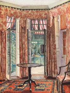 Boligindretning: Et værelse i London i røde toner (farvelitografi) af William Bruce Ellis Ranken
