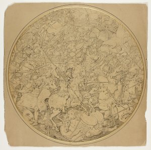 Ceremonielt skjold med historier om Marcus Curtius og Mutius Scaevola af William Burgess