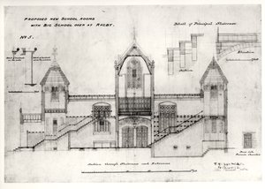 Detaljer om indgange, trapper, døråbning til ovnkammer og gelændere, (New Big School), Rugby School, 1844 (sort blæk, blyant og wc)