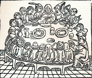 Canterbury-pilgrimmene sætter sig til et fælles måltid, 1485 af William Caxton