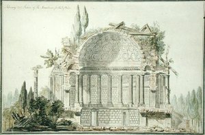 Design til et ødelagt mausoleum for prinsen af Wales (1738-1820) 1752 (pen, blæk og akvarel på papir)
