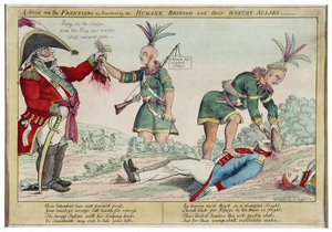 A Scene on the Frontiers som praktiseret af de humane briter og deres værdige allierede, pub. 1812 (håndfarvet gravering)