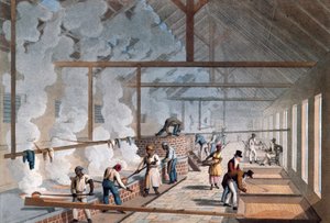 - Interiør af et kogende hus på en sukkerplantage i "Ten Views in the Island of Antigua, som er repræsenteret sukkerfremstillingsprocessen og negrernes ansættelse"" af William Clark. 1823.