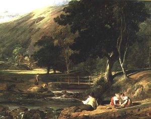 Borrowdale, Cumberland, med børn, der leger ved en strøm af William Collins
