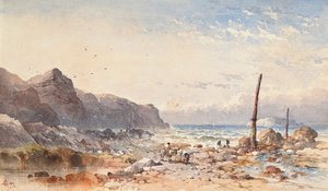 En blæsende dag med fiskere på forstranden, 1874 af William Cook of Plymouth