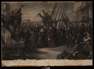 England og Amerika. Hendes Majestæt Dronning Victorias besøg på det arktiske skib Resolute 16. december 1856, ca. 1859 (kobberstik, stiplet, karton) af William 