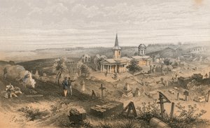 Karantænekirkegård og kirke med fransk batteri nr. 50 af William Crimea Simpson