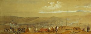Krim: Panoramaudsigt over Sebastopol, der viser de militære lejre og havnen; og en panoramaudsigt over Inkerman, der viser en militærlejr og kavaleri ved daggry, af William Crimea Simpson