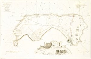 Generelt forsvarskort for øen Banda Neira, begyndelsen af det 19. århundrede (farvelagt radering) af William Daniell