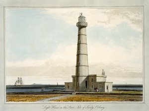 Fyrtårn på starten, Isle of Sandy, Orkneyøerne, fra "A Voyage Around Great Britain Undertaken between the Years 1814 and 1825", udgivet 1821 af William Daniell
