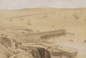 Studie til en kaj ved Straddon Point nær Plymouth af William Daniell