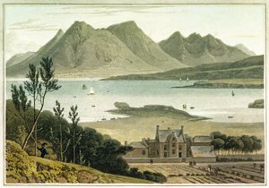 Vestlig udsigt fra Raasay Island (Skotland) med beskrivelse af en stor bygning og dens tilstødende haver. Radering i farver af William Daniell (1769-1837) af William Daniell