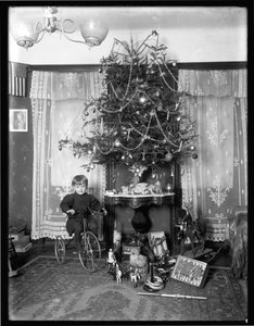 Seymour-dreng poserede siddende på trehjulet cykel ved siden af juletræet i stuen, julen 1912 af William Davis Hassler
