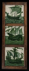 Flisepanel af skibe i fuld sejl, i ramme, ca. 1865-80 (keramik) af William de Morgan
