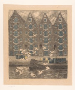 Pakhuse på Brouwersgracht i Amsterdam af William Degouve de Nuncques (signed by artist)