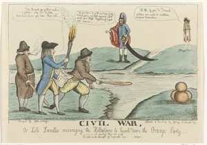 Engelsk tegneserie om den hollandske borgerstrid, 1787 Borgerkrig eller Lord Lunatic, der opmuntrer hollænderne til at vælte Orange Party (titel på objekt) af William Dent