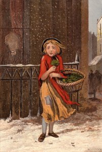 Stakkels pige, der sælger brøndkarse på en snedækket gade (chromolitho)