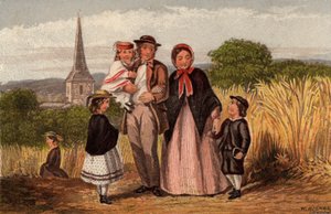 Søndag morgen: familie går tilbage fra kirken (chromolitho)