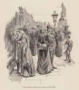 "De besøgende på landet kigger måbende på butikkerne" (kobberstik) af William Douglas Almond