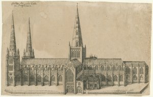 Lichfield Cathedral - South View: kobberpladegravering, nd [?midten af det 17. århundrede]