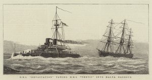 HMS Devastation bugserer HMS Thetis til Maltas havn af William Edward Atkins
