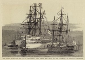 Den arktiske ekspedition, Yacht Pandora liggende under agterstavnen af Serapis i Portsmouth Havn af William Edward Atkins