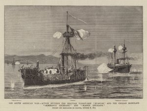 Den sydamerikanske krig, kamp mellem det peruvianske tårnskib Huascar og de chilenske panserskibene Almirante Cochrane og Blanco Encalada af William Edward Atkins