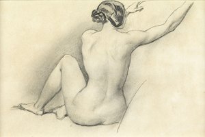 Siddende nøgen (blyant på papir)