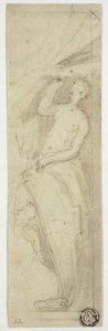 Kvindefigur trækker forhæng til side af William Etty