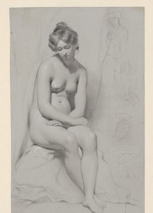 Siddende nøgen kvindelig model med høj klipning, skitseret igen ved siden af af William Etty