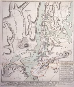 Plan over New York Island med en del af Long Island, Staten Island og East New Jersey og forlovelsen på Woody Heights på Long Island mellem de britiske styrker under kommando af general Sir William Howe af William Faden