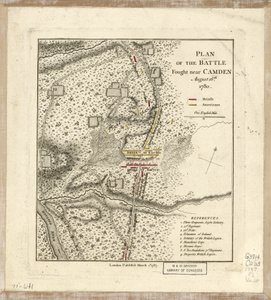 Plan for slaget udkæmpet nær Camden den 16. august af William Faden