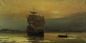 Mayflower ved hendes ankomst til Plymouth Harbor, 1882. af William Formby Halsall