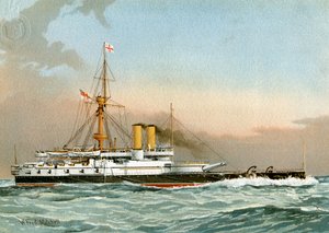 HMS Victoria, Royal Navy 1. klasse slagskib, c1890-c1893. af William Frederick Mitchell