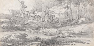 Landskab med Figurer og Kvæg af William Frederick Wells
