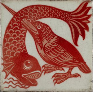 Tegl med isfugl med næb gennem fisk, 1882-1888 af William Frend De Morgan