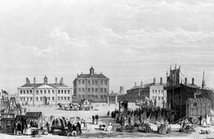 Old Liverpool Infirmary and Alms-Houses, med John Cookes cirkus i forgrunden, ca. 1826