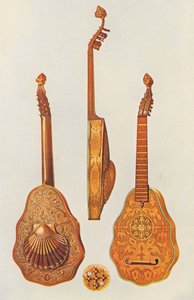 Musikinstrumenter: Dronning Elizabeths lut (farvelitografi) af William Gibb