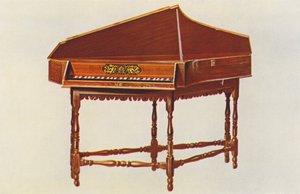 Musikinstrumenter: Spinet (farvelitografi)