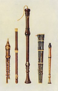 Musikinstrumenter: To dobbeltflageoletter, en tysk fløjte og to flutes douces (farvelitografi)