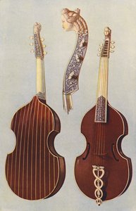 Musikinstrumenter: Viola da gamba (farvelitografi)