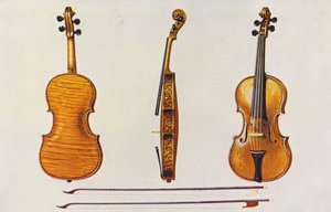 Musikinstrumenter: Violin, Hellier Stradivarius, og to gamle buer, der er kendt for at fløjte (farvelitografi)