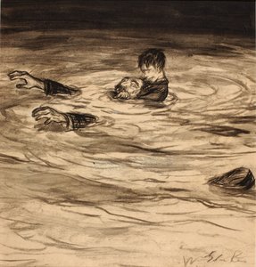 Han lægger sig på Gothecores ryg, og så krummer han sin højre arm om Gothecores hals - det almindelige garottekram. af William Glackens