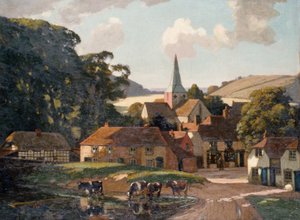 Harting Village and Pond (olie på lærred)