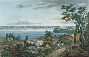 New York fra Weehawk, graveret af I. Hill, 1820-3 (farveakvatint)