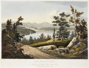 Udsigt nær Hudson, 1822 (akvatinte på papir med håndfarvning) af William Guy after Wall