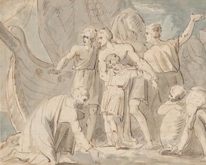 Historisk emne med mænd og en dreng nær et skib recto..., 1770-80. af William Hamilton